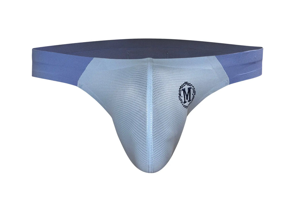 Light blue mesh marcuse savoy brief underwear with darker blue waistband and embroidered m logo on the front