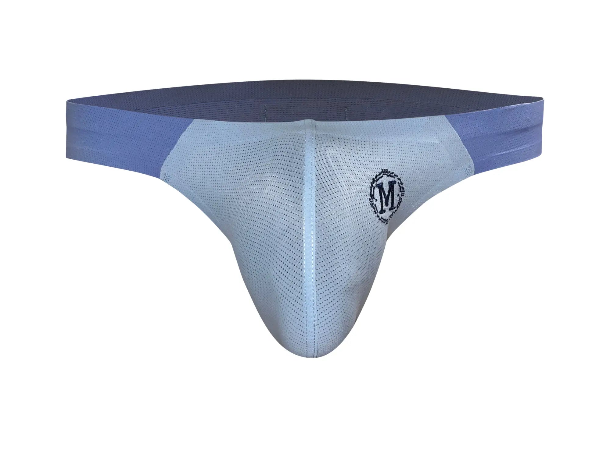 Light blue mesh marcuse savoy brief underwear with darker blue waistband and embroidered m logo on the front