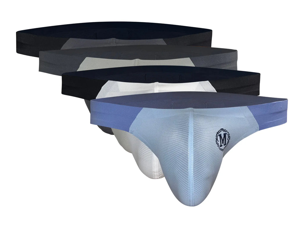Set of marcuse savoy brief underwear in navy gray white and light blue with mesh panels and branded logo on front