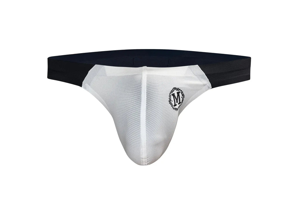 Marcuse Savoy brief underwear in white mesh with a black waistband and a circular logo on the front