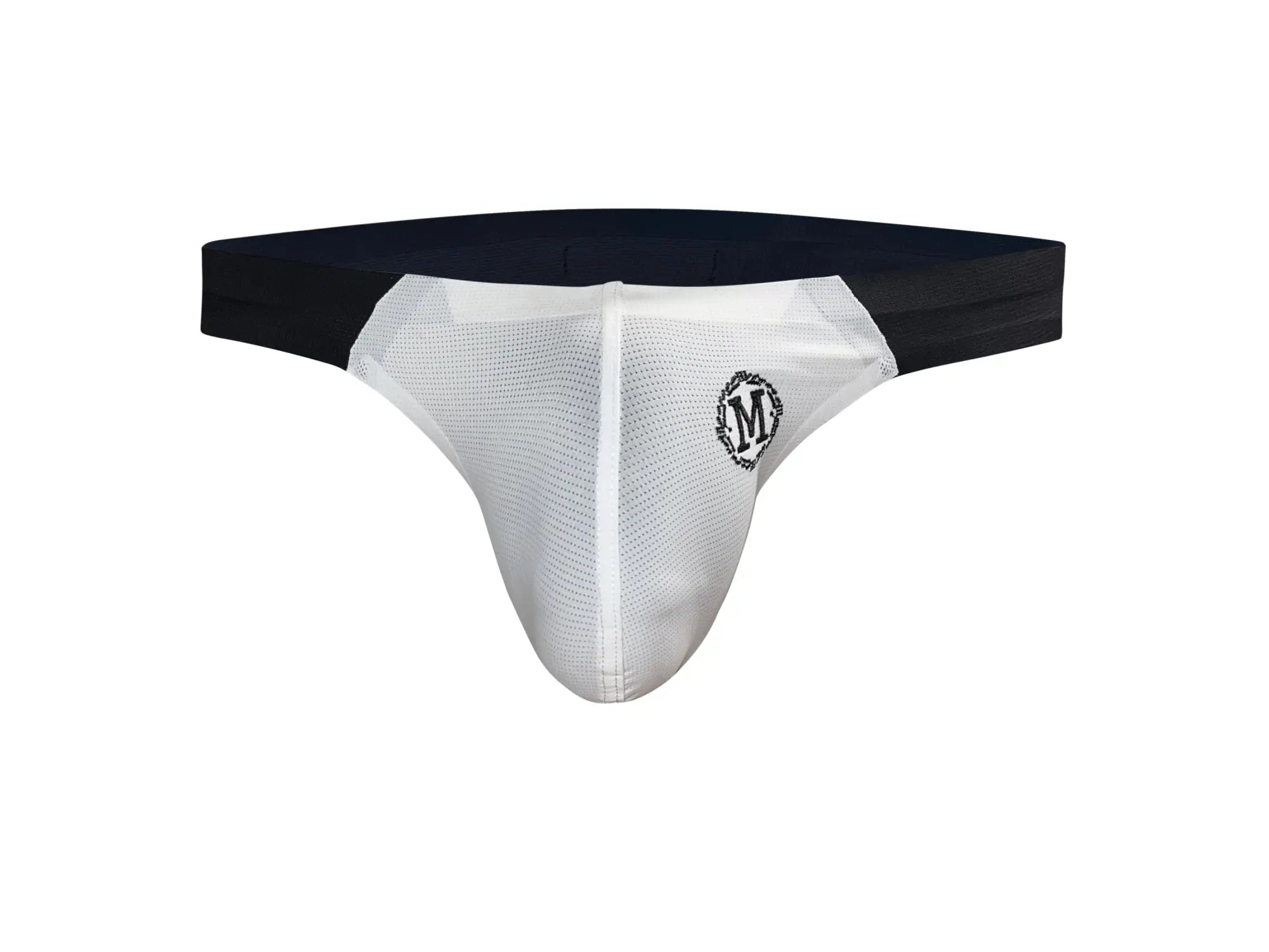 Marcuse Savoy brief underwear in white mesh with a black waistband and a circular logo on the front