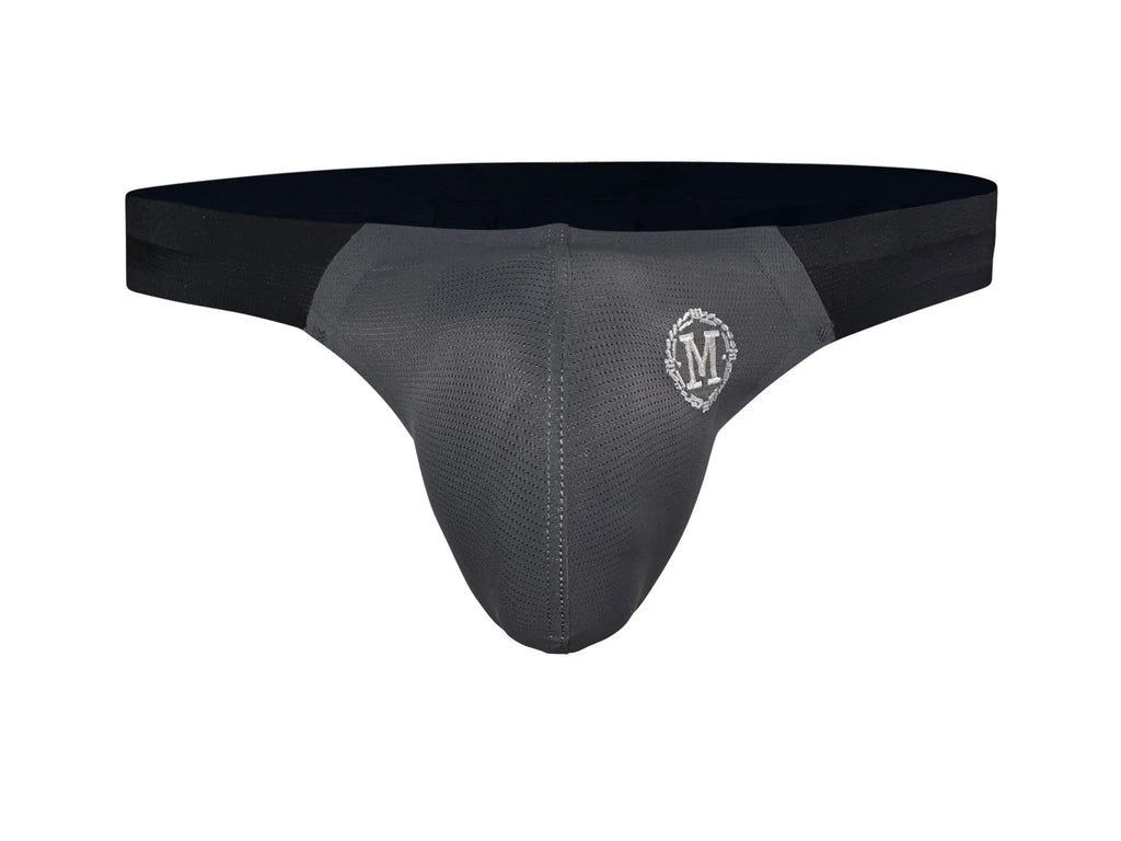 Black and gray marcuse savoy thong underwear with mesh front panel and embroidered white m logo on hip