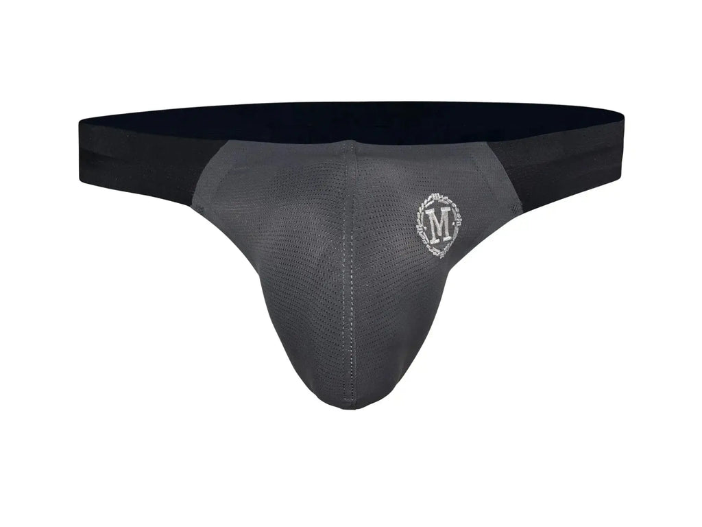Black and gray marcuse savoy thong underwear with mesh front panel and embroidered white m logo on hip