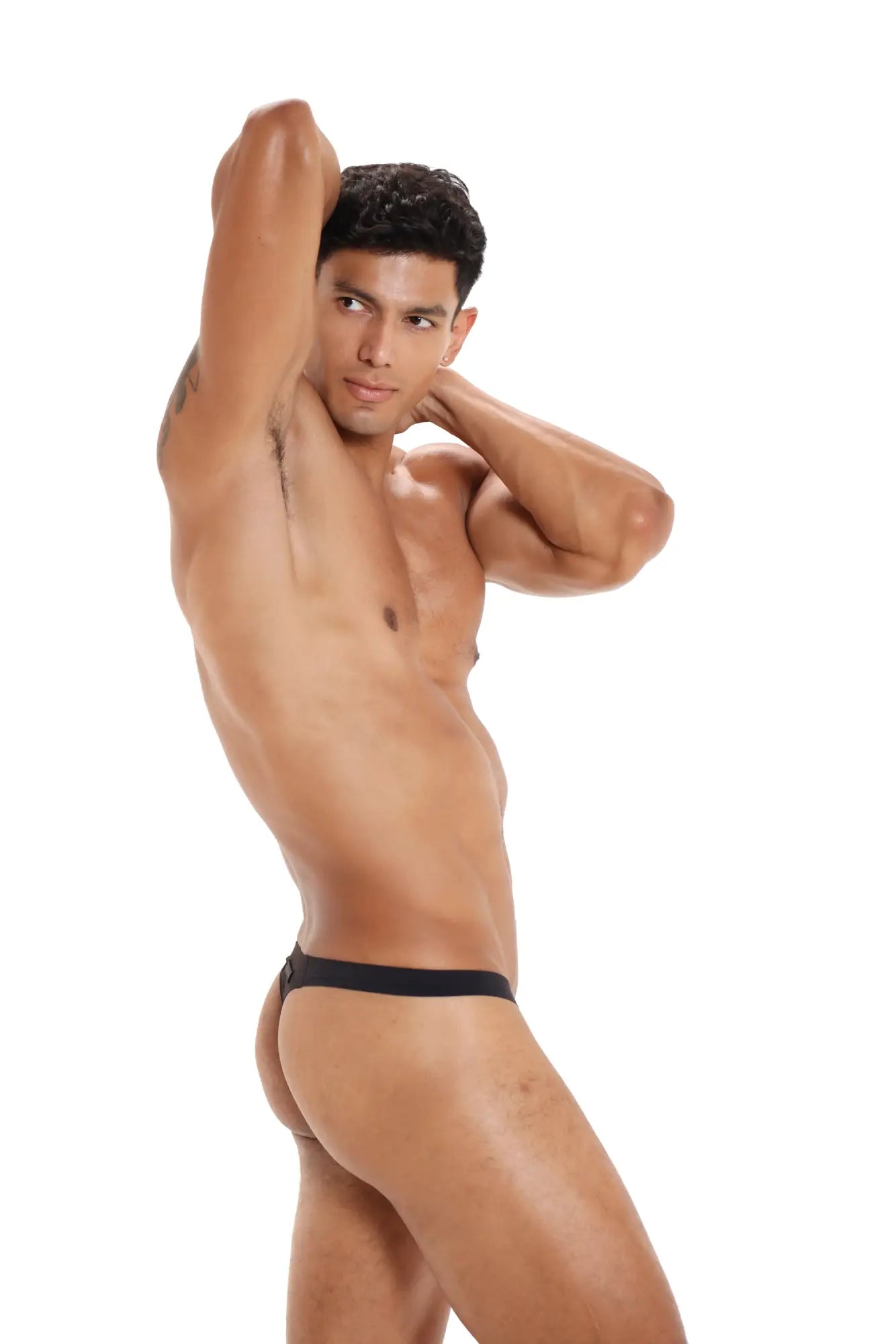 Black Marcuse Savoy thong underwear with smooth elastic waistband shown from the back side