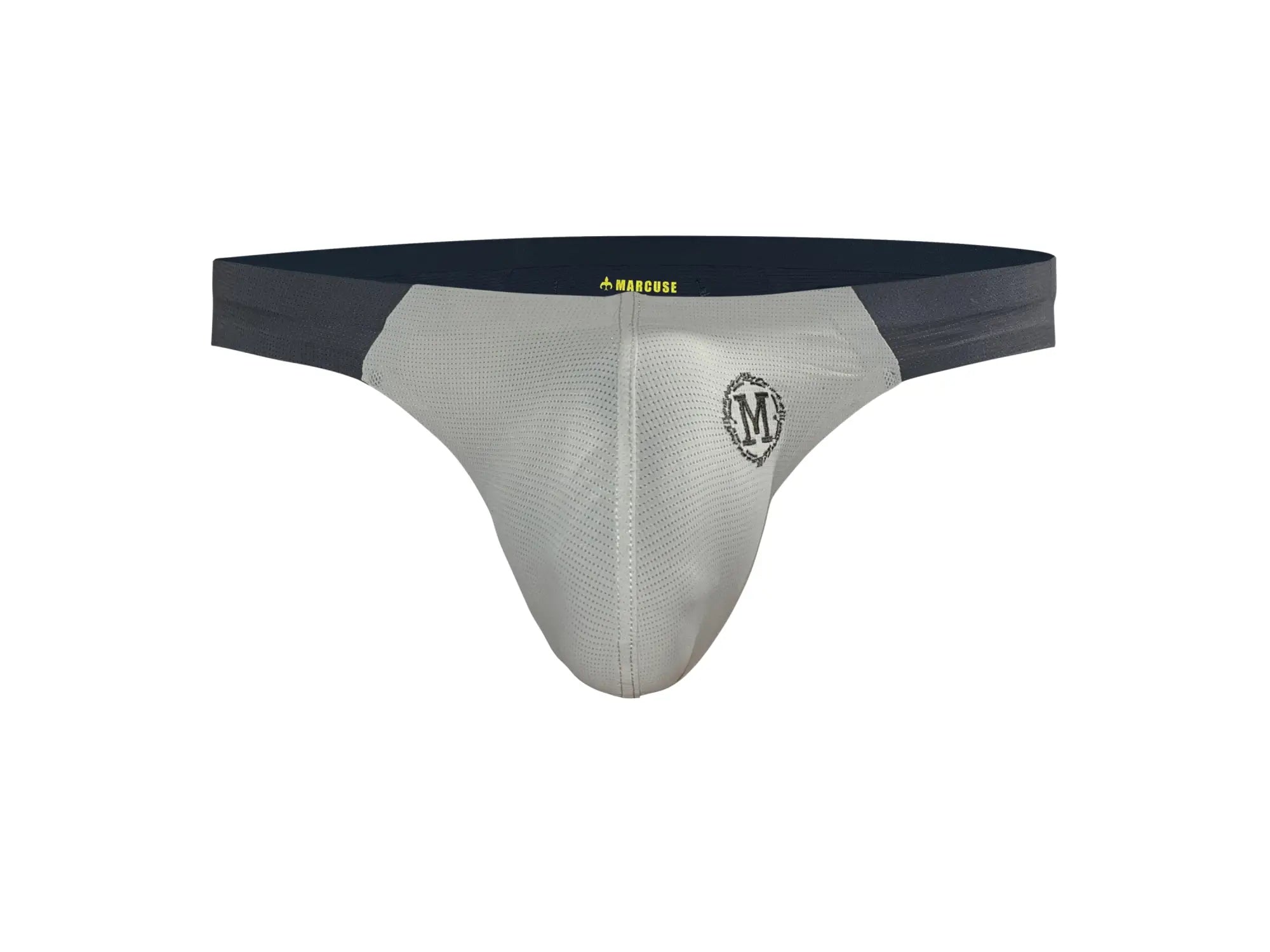 Marcuse Savoy thong underwear in gray mesh with navy blue waistband and black embroidered logo on the front