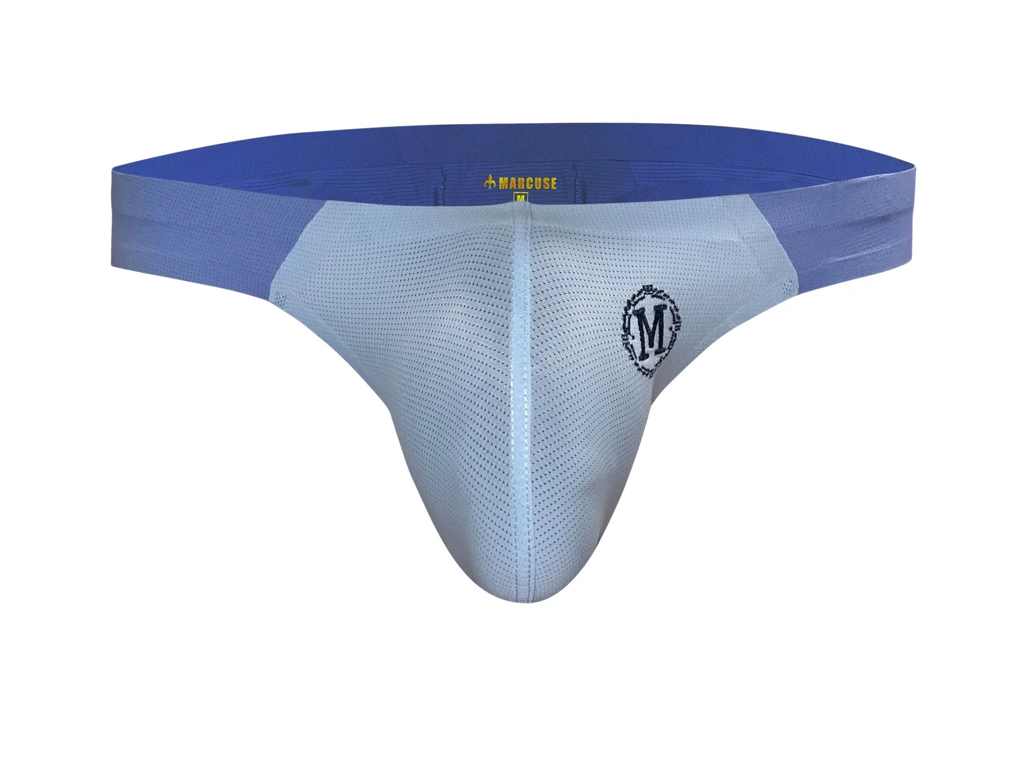 Light blue mesh marcuse savoy thong underwear with solid royal blue waistband and black embroidered m logo