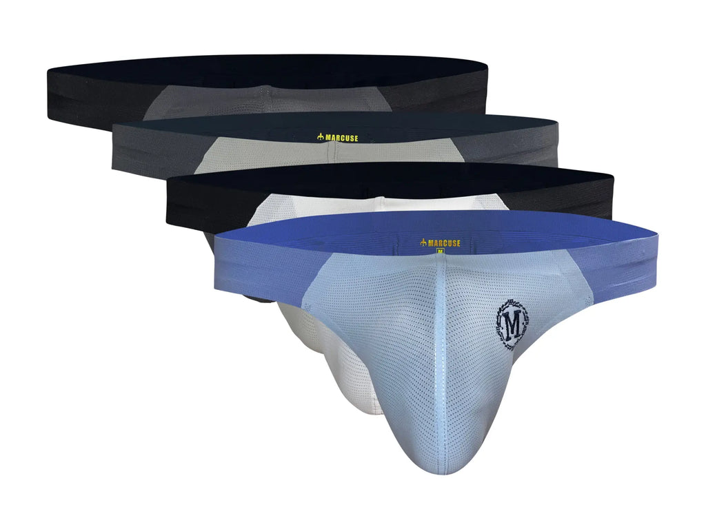 Set of four Marcuse Savoy thong underwear in black gray white and light blue with mesh panels and front logo