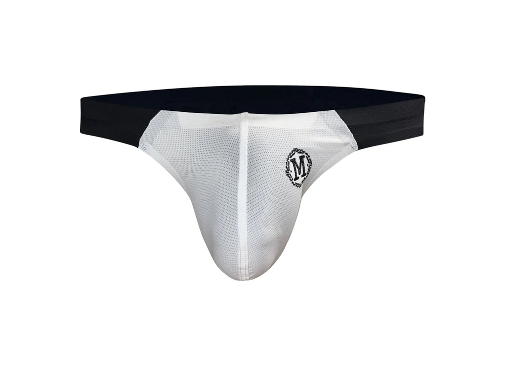 Marcuse Savoy thong underwear white mesh athletic brief with black waistband and circular logo on the front