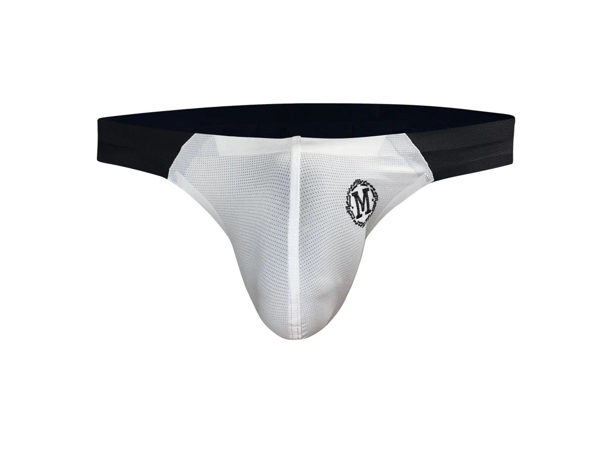Marcuse Savoy thong underwear white mesh athletic brief with black waistband and circular logo on the front