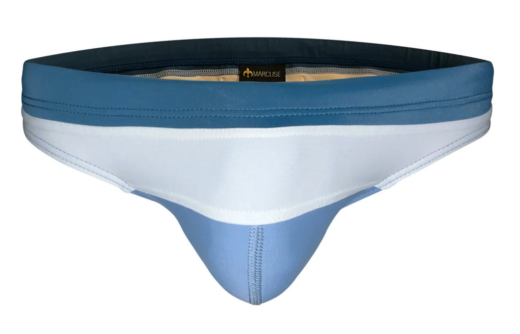 Blue and white marcuse seacoast bikini swimwear briefs with dark blue waistband and marcuse brand label