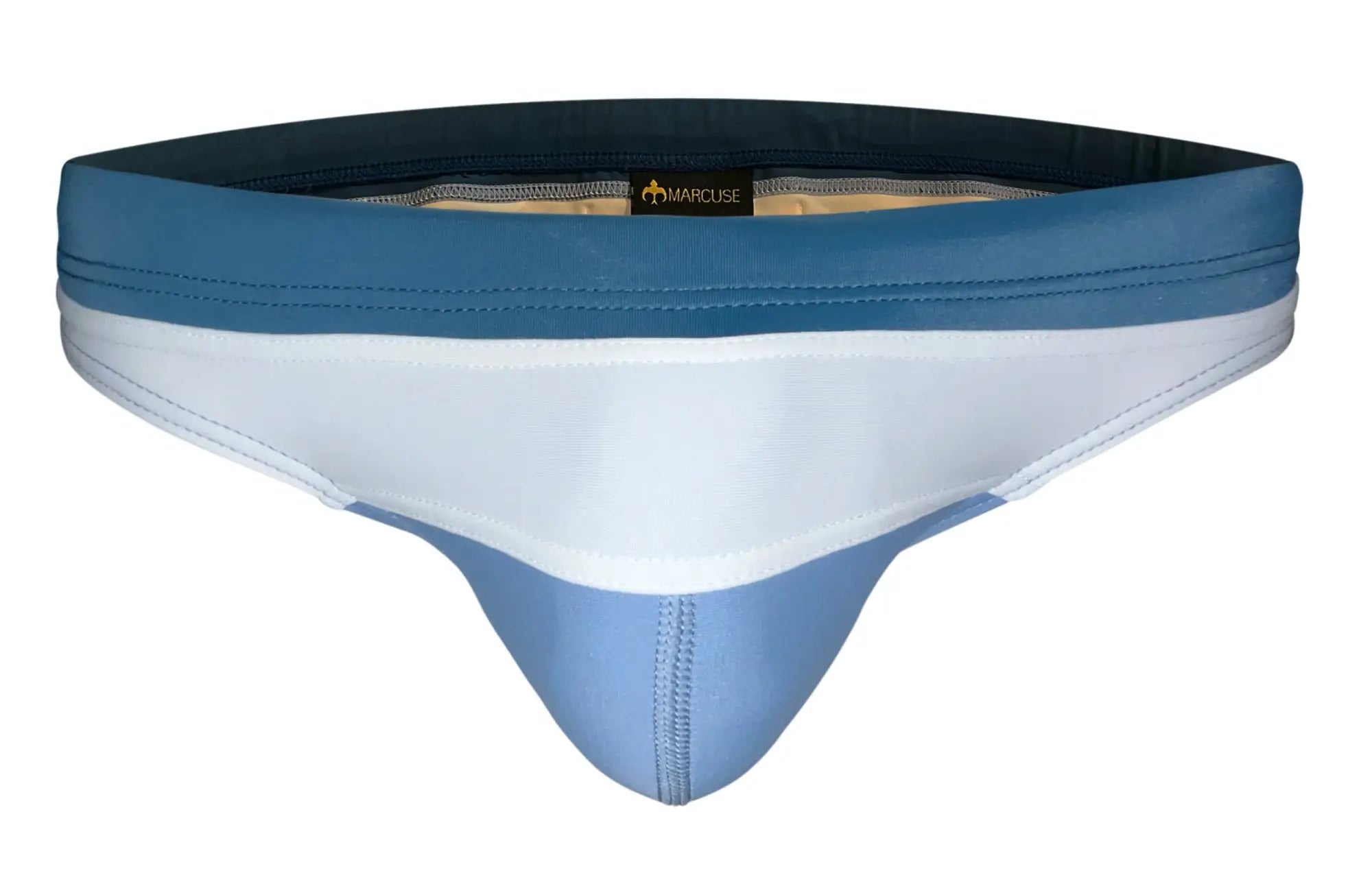 Blue and white marcuse seacoast bikini swimwear briefs with dark blue waistband and marcuse brand label