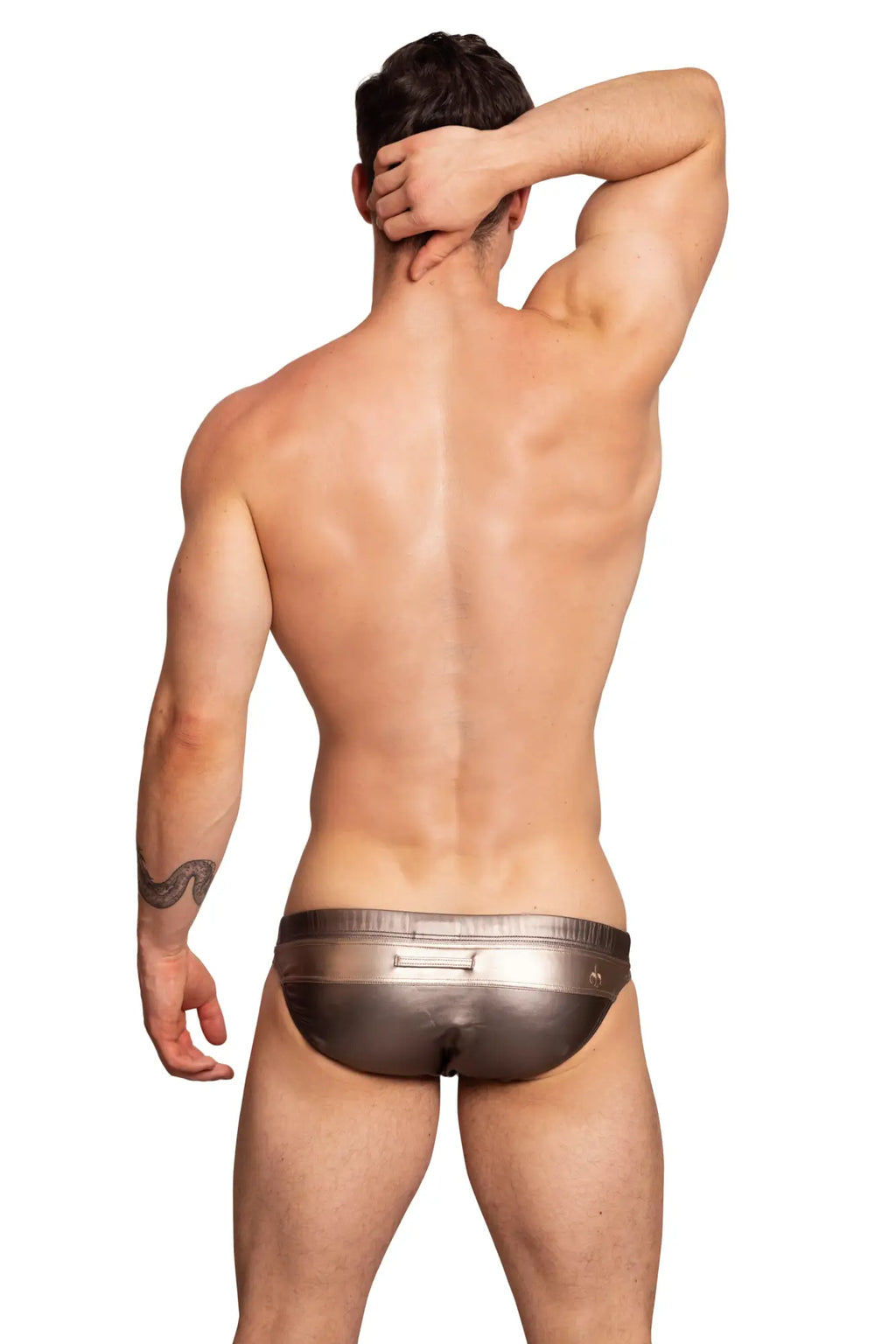 Marcuse seacoast bikini swimwear featuring shiny metallic silver briefs with a sleek modern design