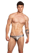 Shiny silver metallic marcuse seacoast bikini swimwear briefs with smooth reflective finish shown from the back