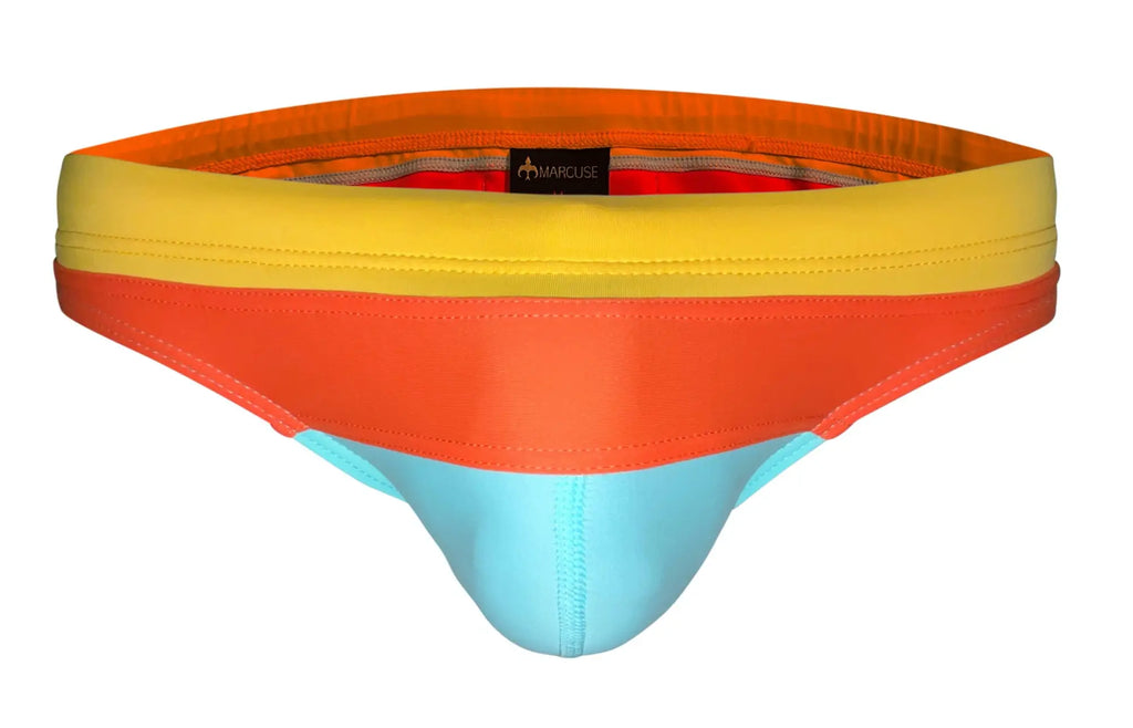 Marcuse Seacoast bikini swimwear vibrant rainbow-colored men’s briefs with smooth stretchy fabric and branded waistband tag