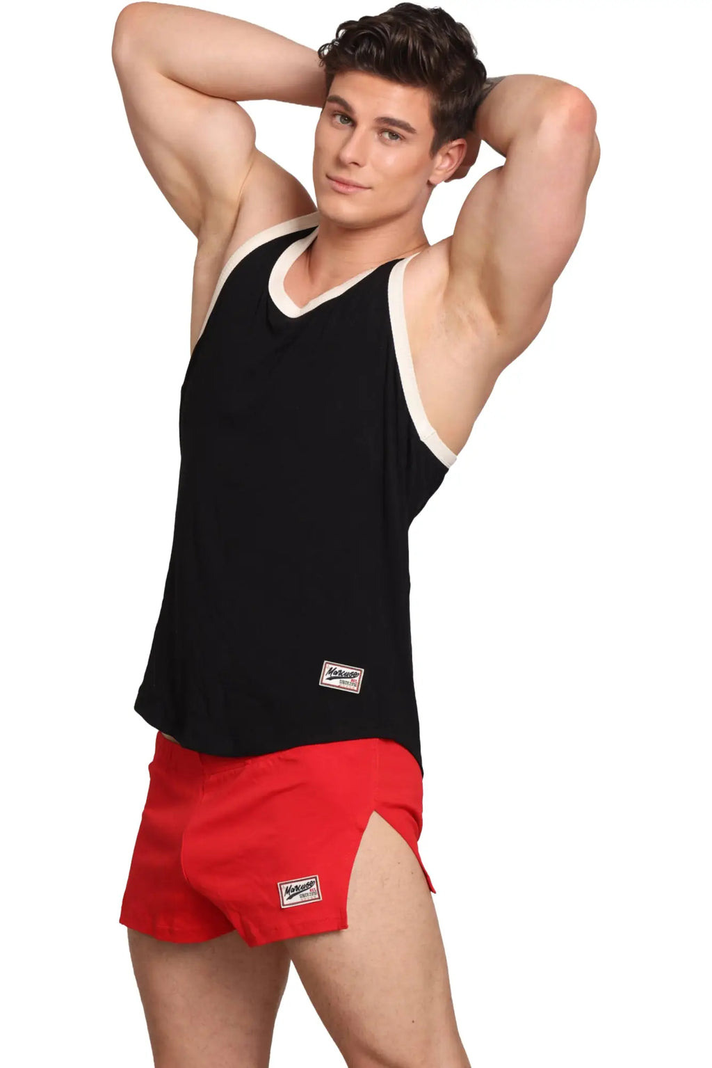 Marcuse Sexercise tank top in black and red with white trim designed for athletic performance and style