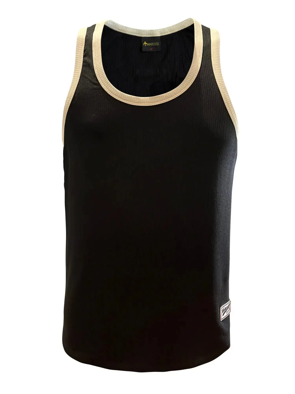 Black ribbed Marcuse Sexercise tank top with beige trim around neckline and armholes for casual wear