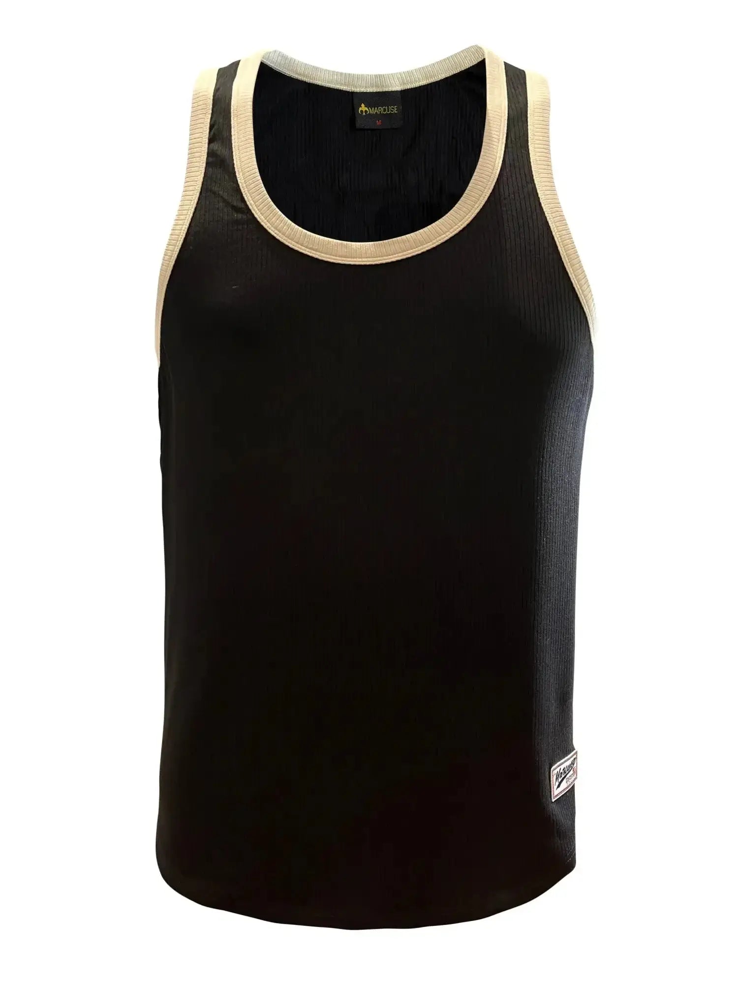 Black ribbed Marcuse Sexercise tank top with beige trim around neckline and armholes for casual wear