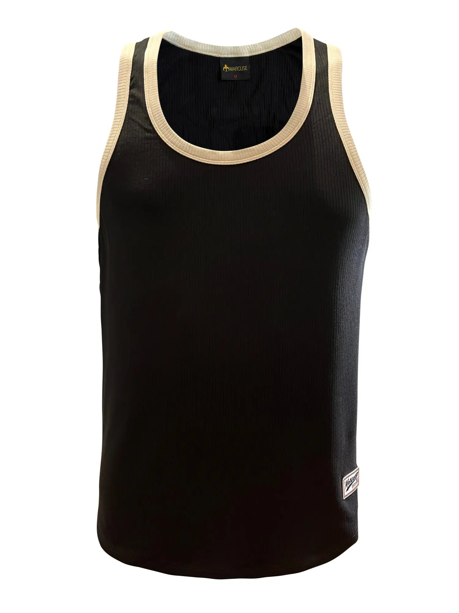 Black ribbed Marcuse Sexercise tank top with beige trim around neckline and armholes for casual wear