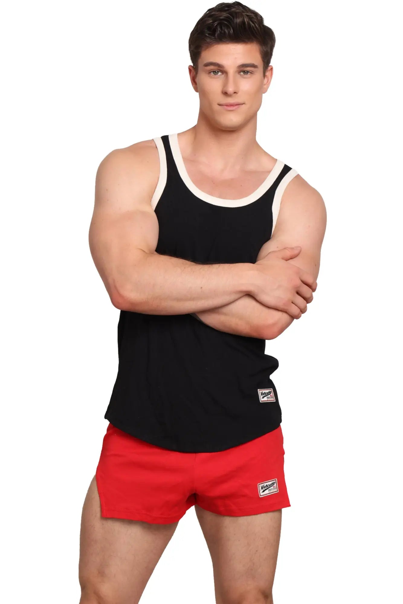 Marcuse sexercise tank top in black and white paired with red shorts for casual activewear looks