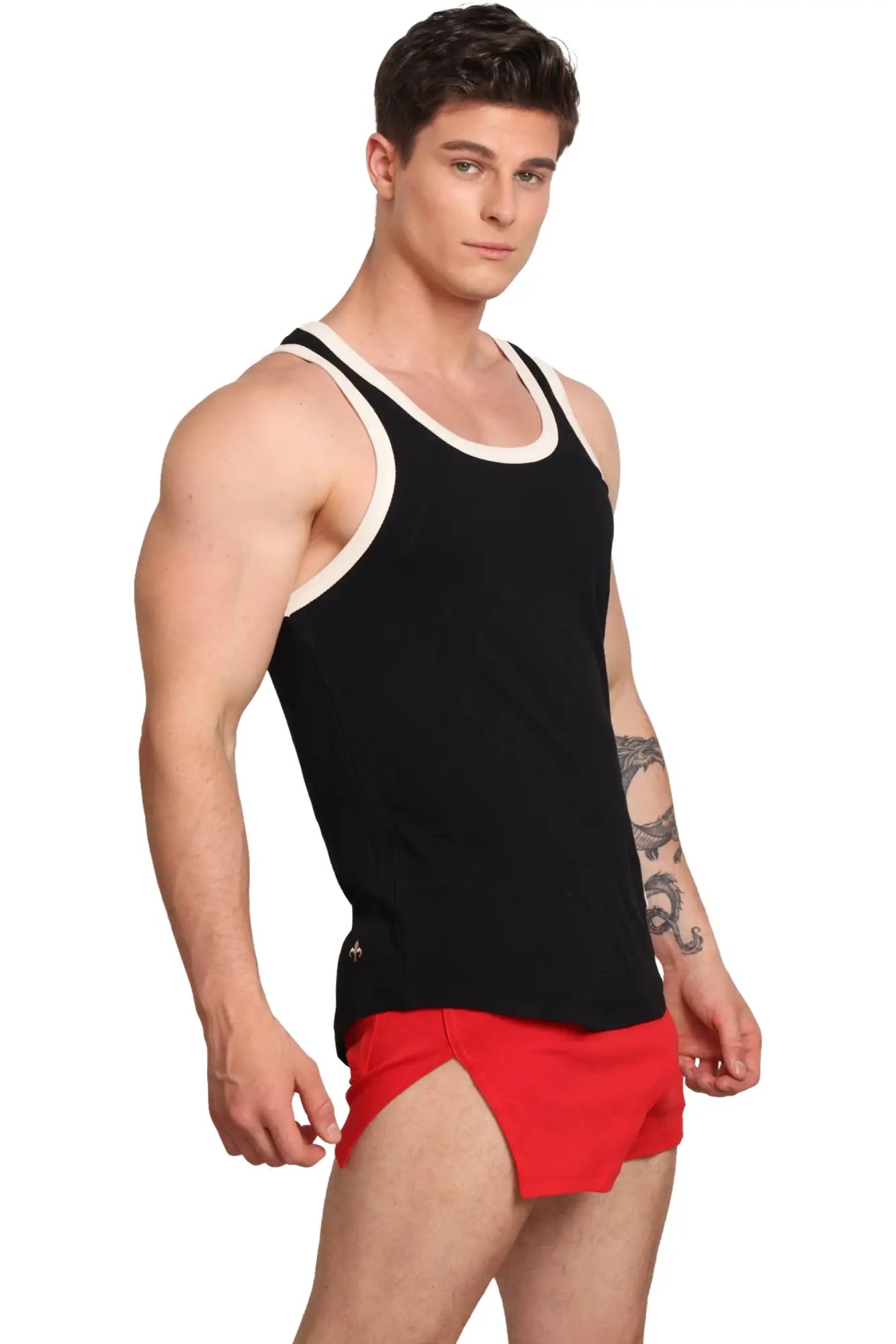 Marcuse Sexercise tank top black with white trim and a small logo on the lower left side for activewear