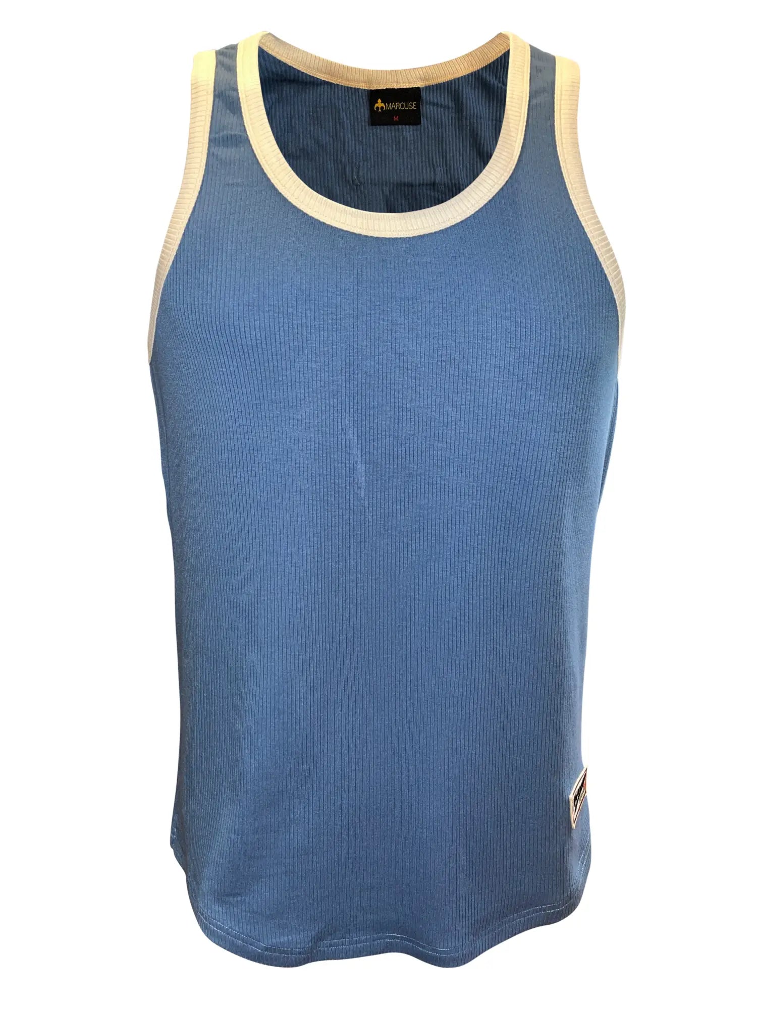 Blue ribbed tank top by Marcuse with cream trim around neckline and armholes ideal for sexercise workouts