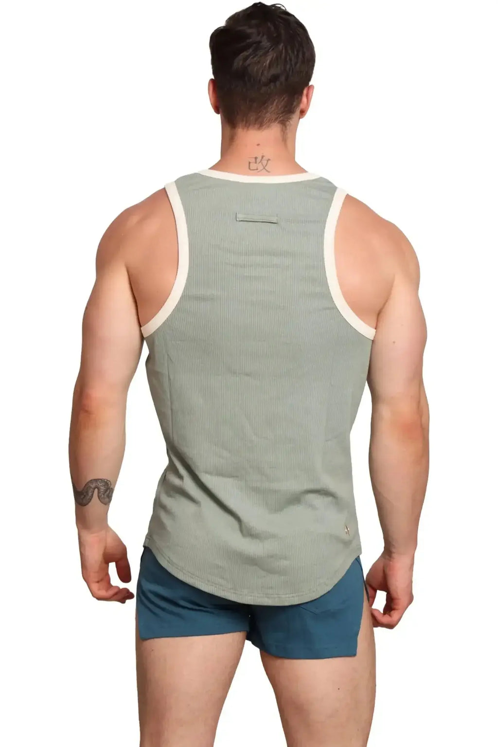 Marcuse sexercise tank top men’s olive green ribbed cotton with cream trim on neckline and armholes