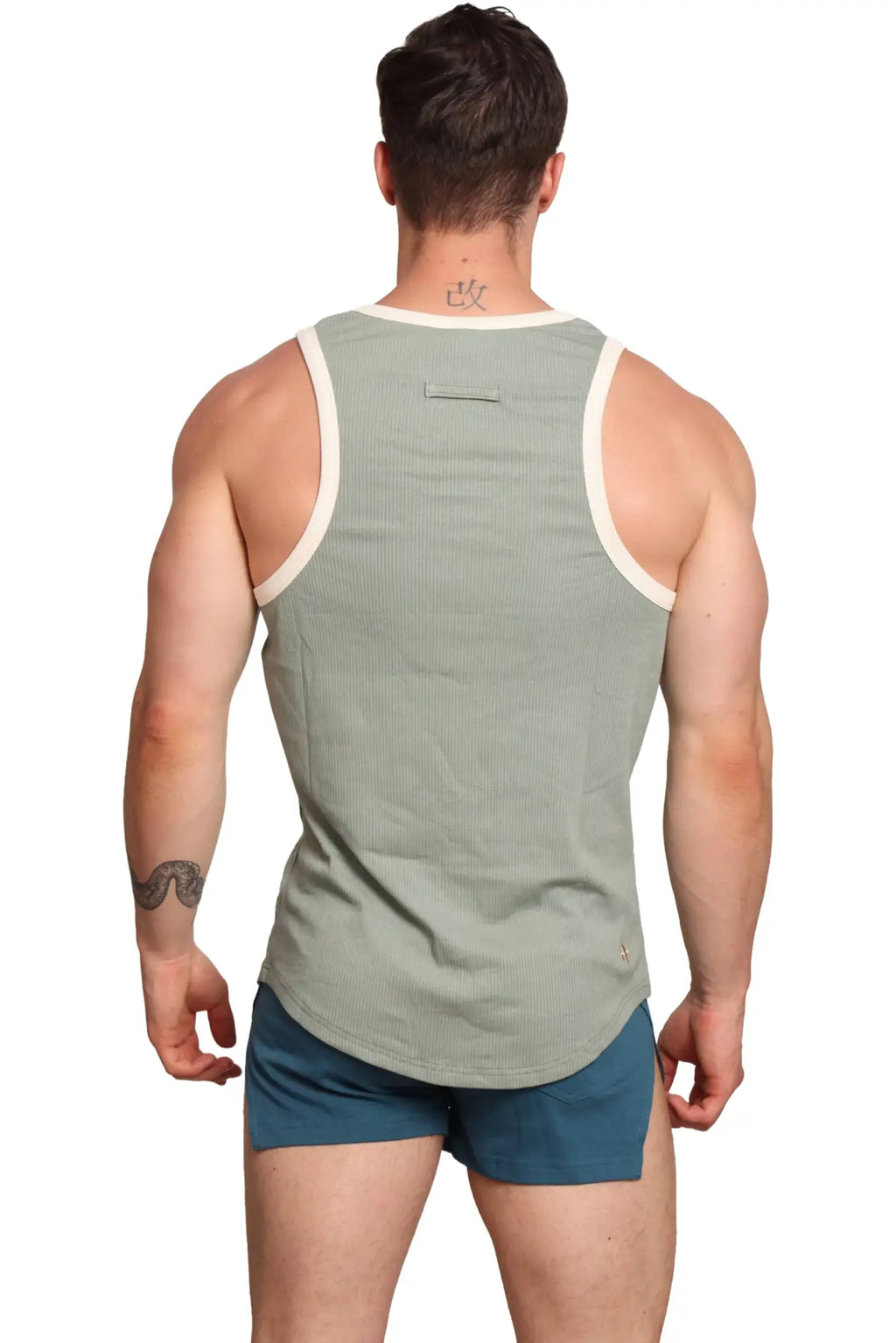 Marcuse sexercise tank top men’s olive green ribbed cotton with cream trim on neckline and armholes