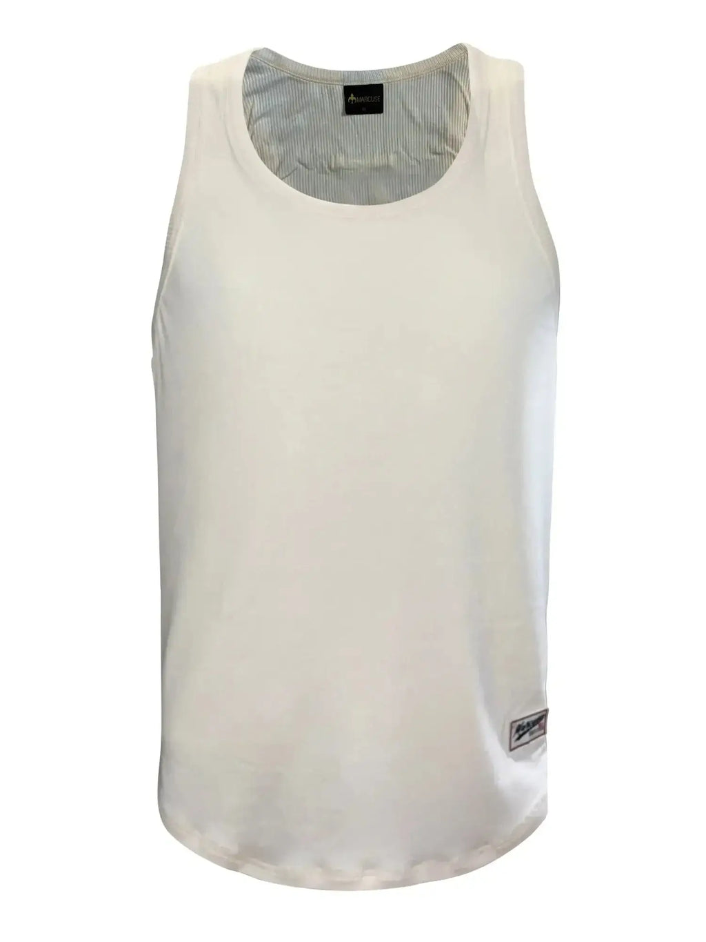 Marcuse sexercise tank top white sleeveless minimalist with subtle ribbed lining and branded patches at neckline and hem