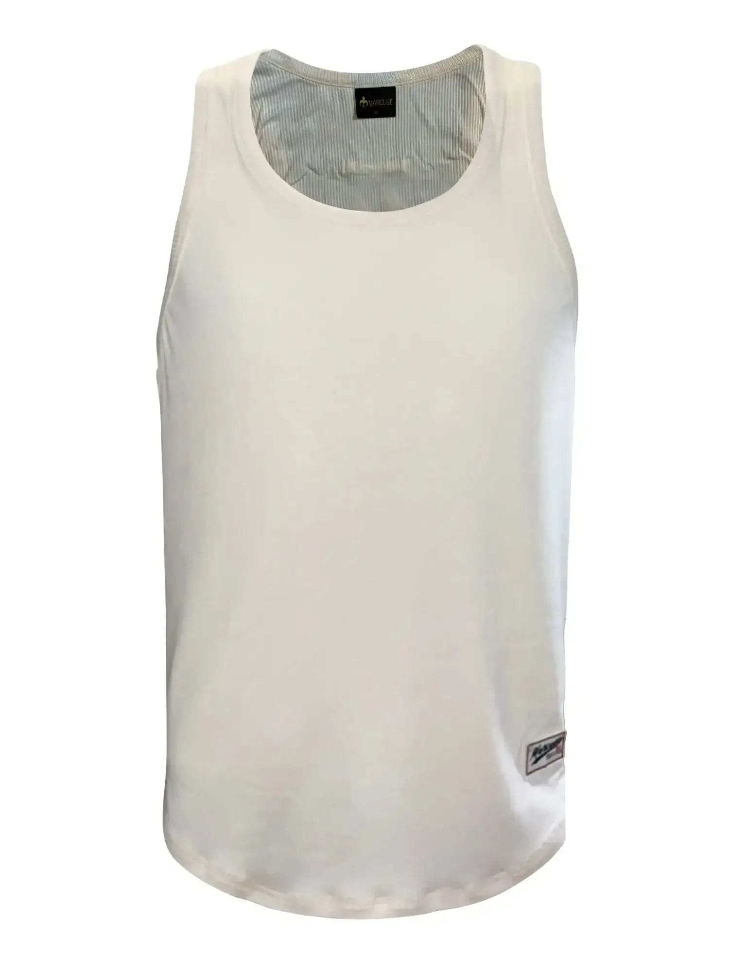 Marcuse sexercise tank top white sleeveless minimalist with subtle ribbed lining and branded patches at neckline and hem