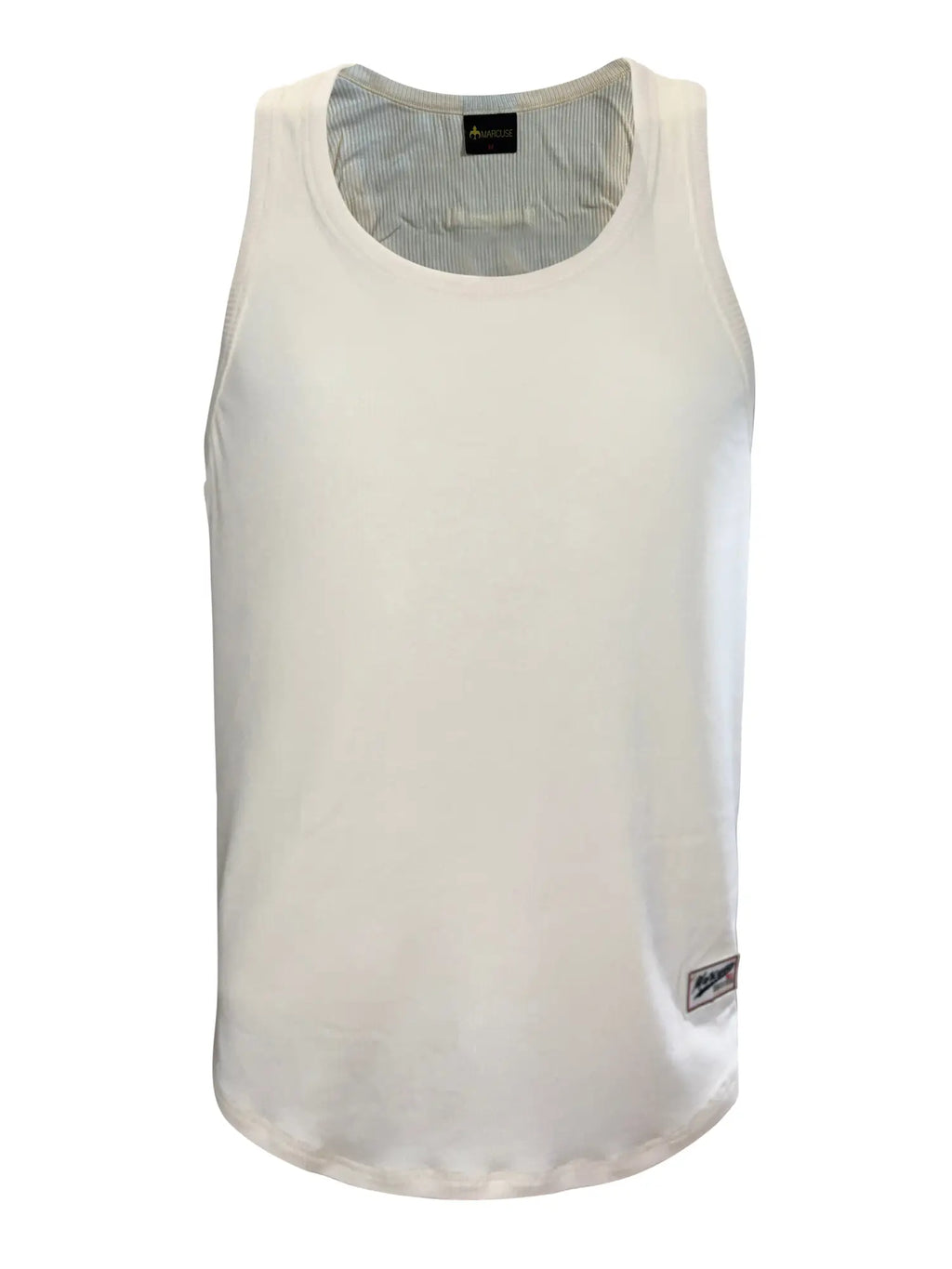 Marcuse sexercise tank top white sleeveless minimalist with subtle ribbed lining and branded patches at neckline and hem