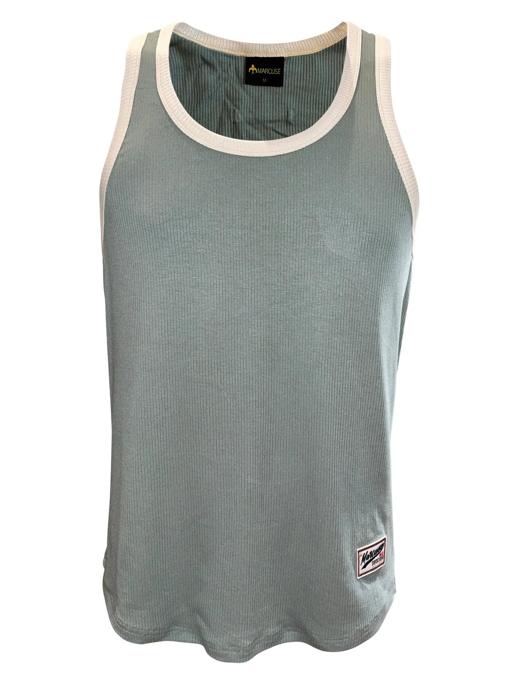 Marcuse sexercise tank top ribbed sage green with cream trim and small branded patch on lower right side