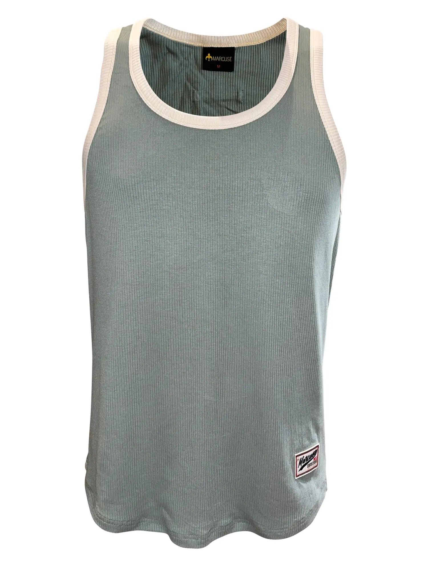 Marcuse sexercise tank top ribbed sage green with cream trim and small branded patch on lower right side