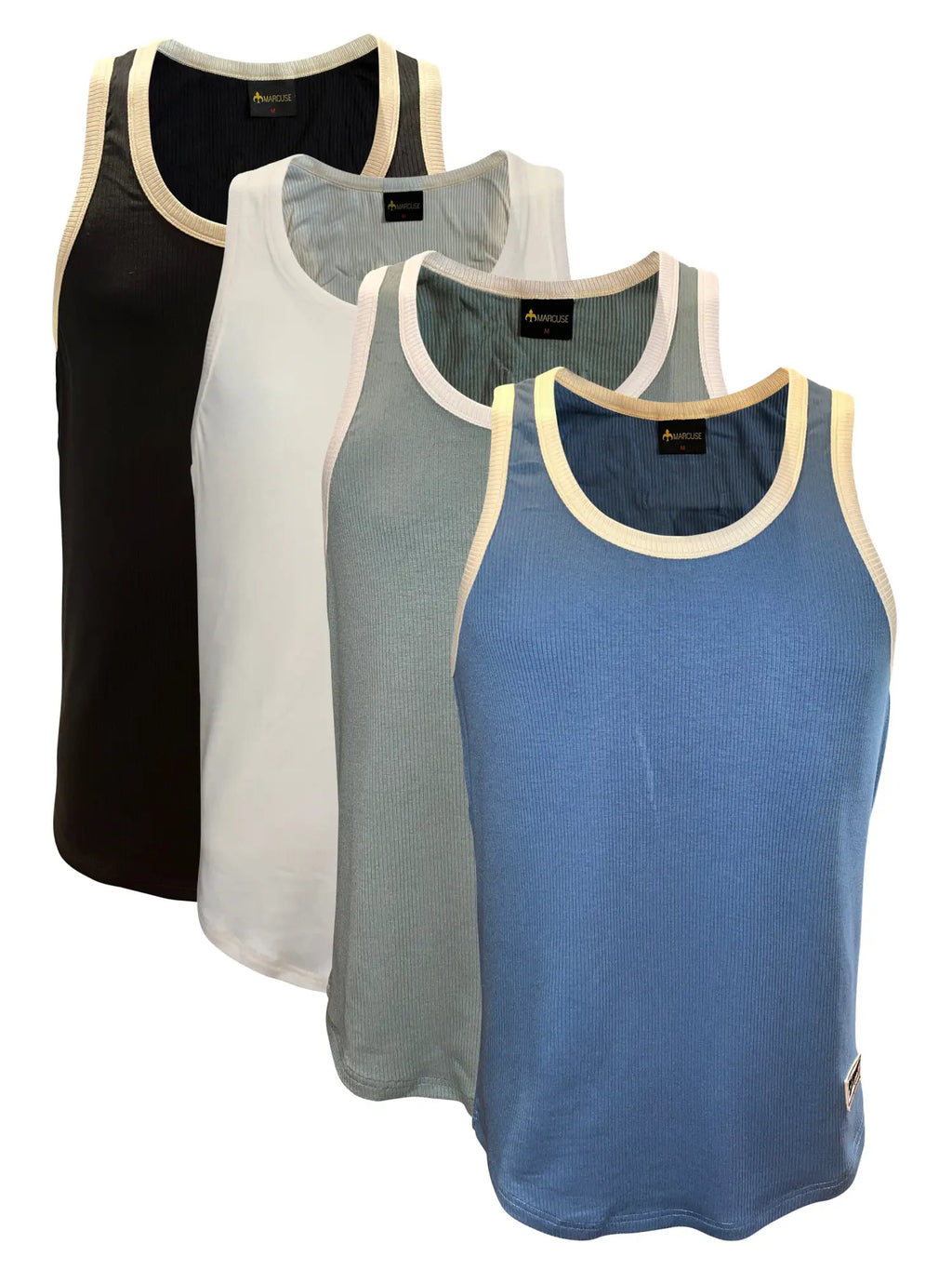 Set of four ribbed Marcuse Sexercise tank tops in black white gray and blue with cream-colored trim for a fitted look