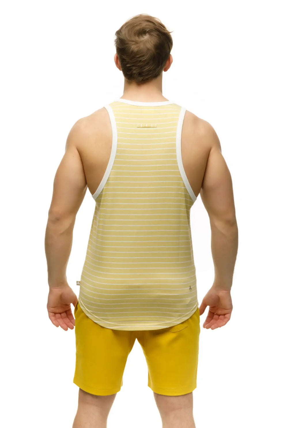 Marcuse Somer tank top in pale yellow with thin white horizontal stripes and white trim on neckline and armholes