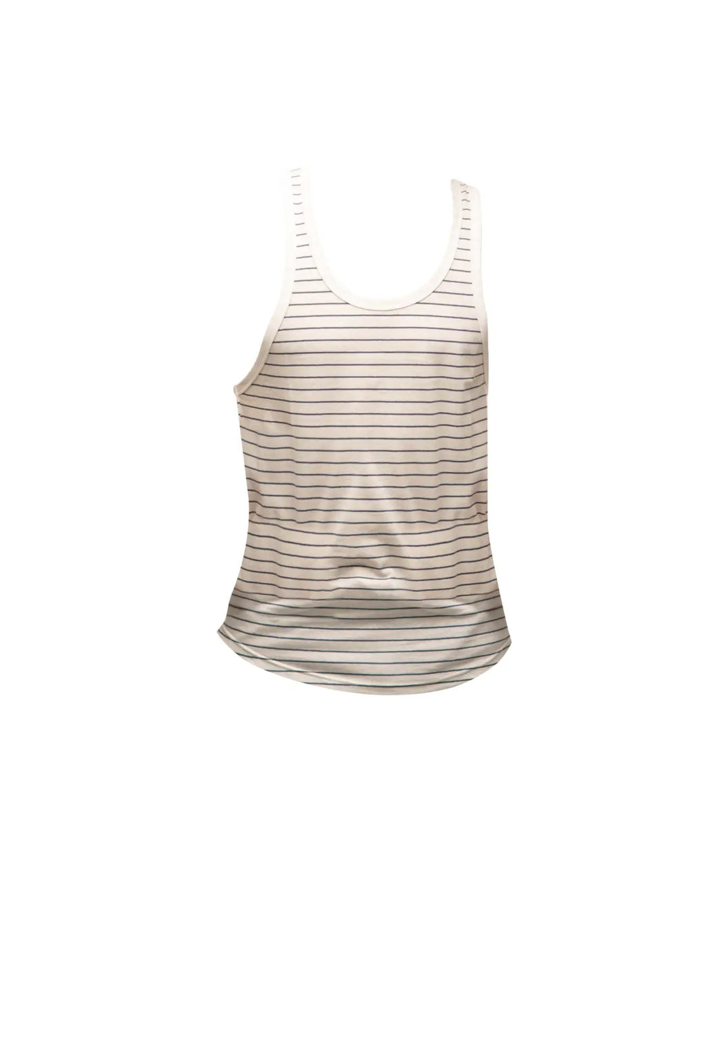 Marcuse somer tank top sleeveless with thin beige and dark gray horizontal stripes and ribbed trim on armholes
