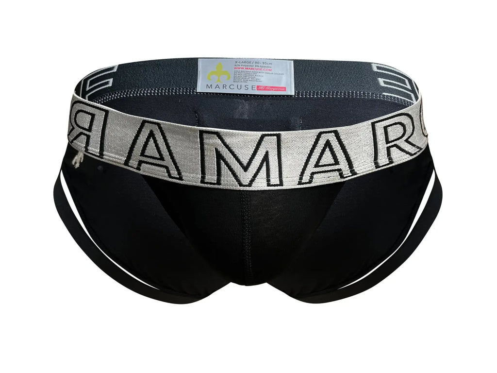 Black Marcuse Spanky brief underwear with silver waistband featuring bold black lettering in front view