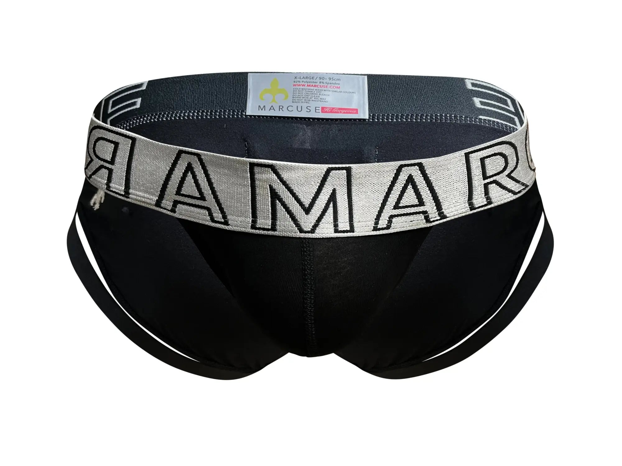 Black Marcuse Spanky brief underwear with silver waistband featuring bold black lettering in front view