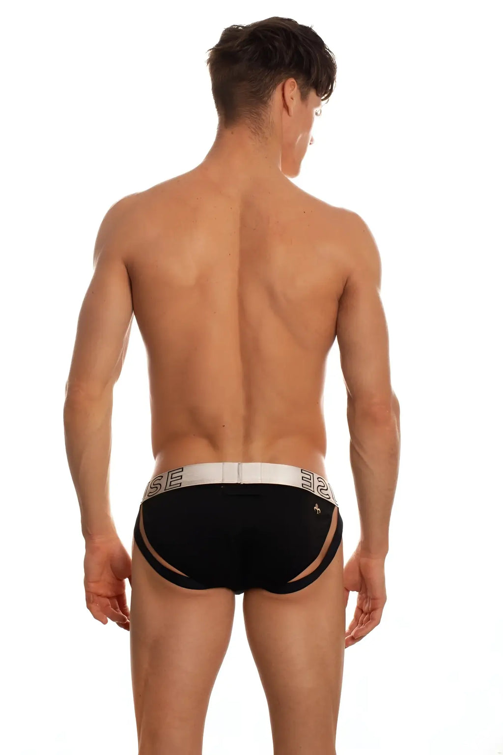 Black marcuse spanky brief underwear with white elastic waistband and se branding featuring small side logo