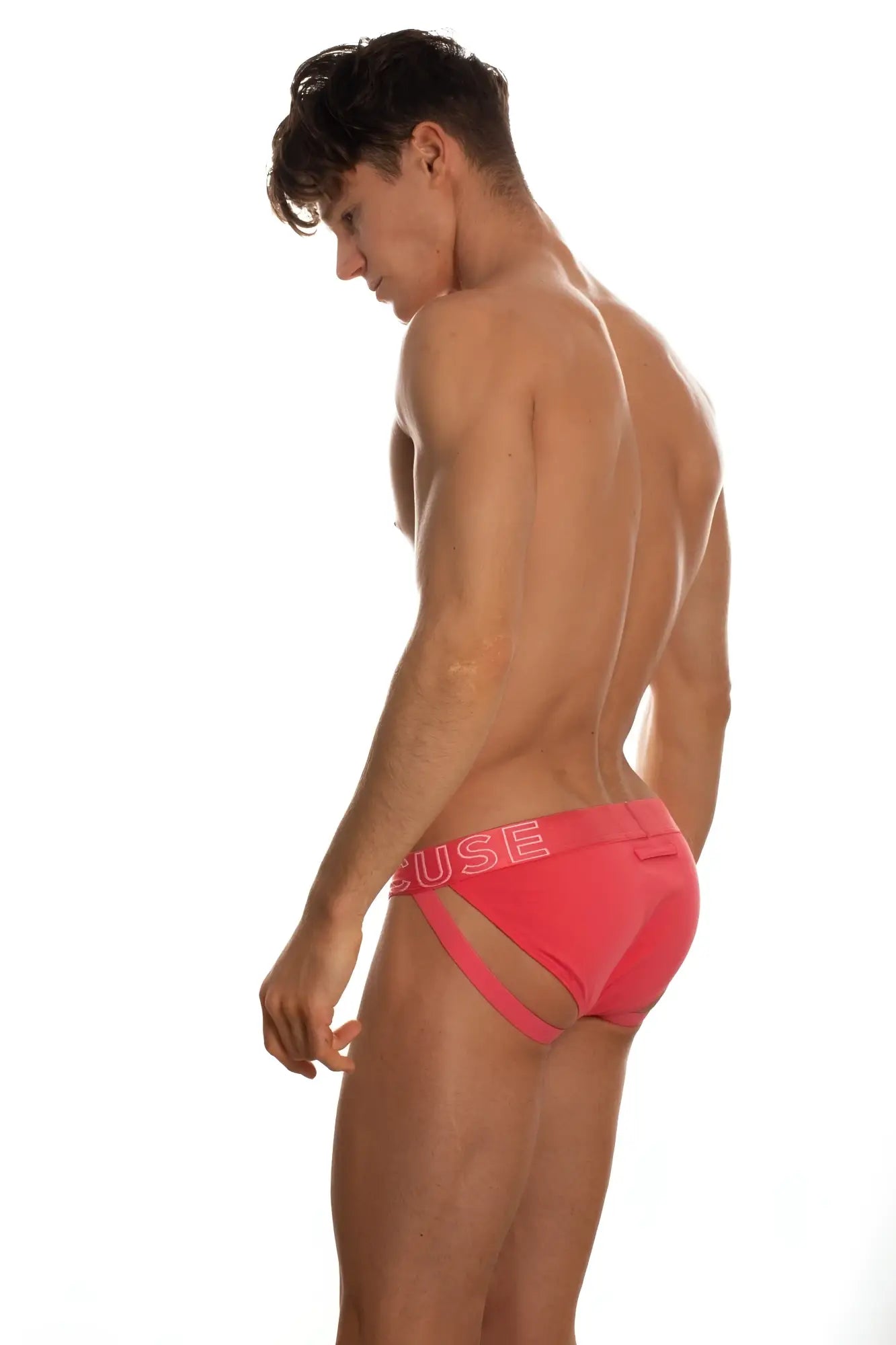 Bright coral marcuse spanky brief underwear with sleek design and white use embroidery on waistband