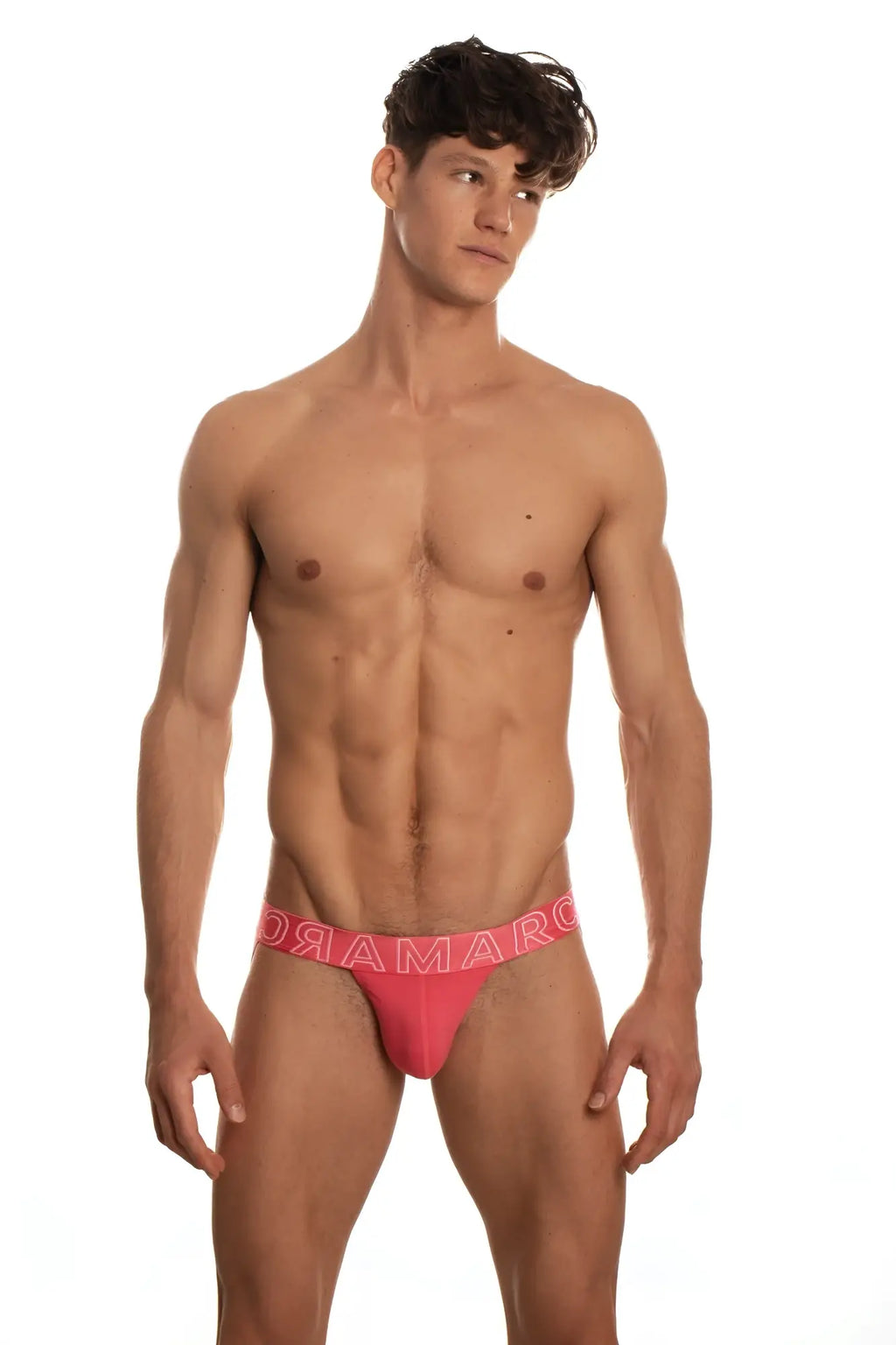 Bright pink marcuse spanky brief underwear with form fitting design and matching dramatro branded elastic waistband