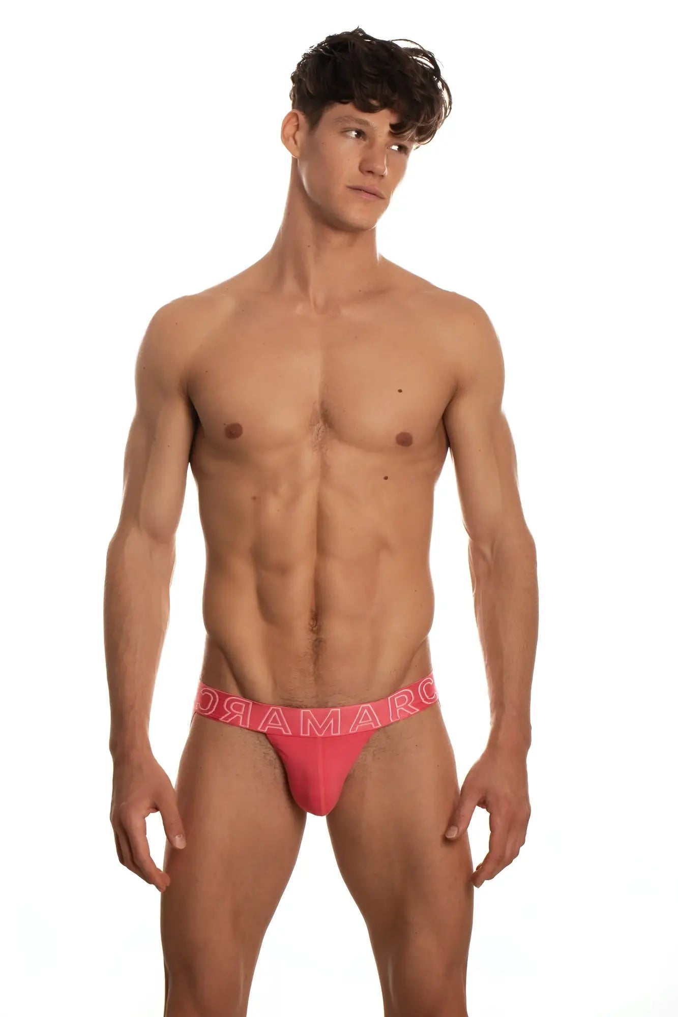 Bright pink marcuse spanky brief underwear with form fitting design and matching dramatro branded elastic waistband