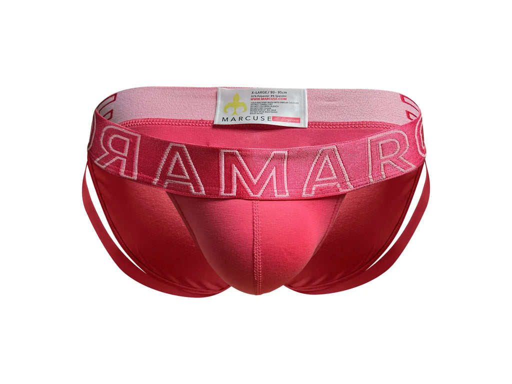 Marcuse spanky brief underwear in vibrant pink with bold stitched marcuse logo waistband and matching side straps