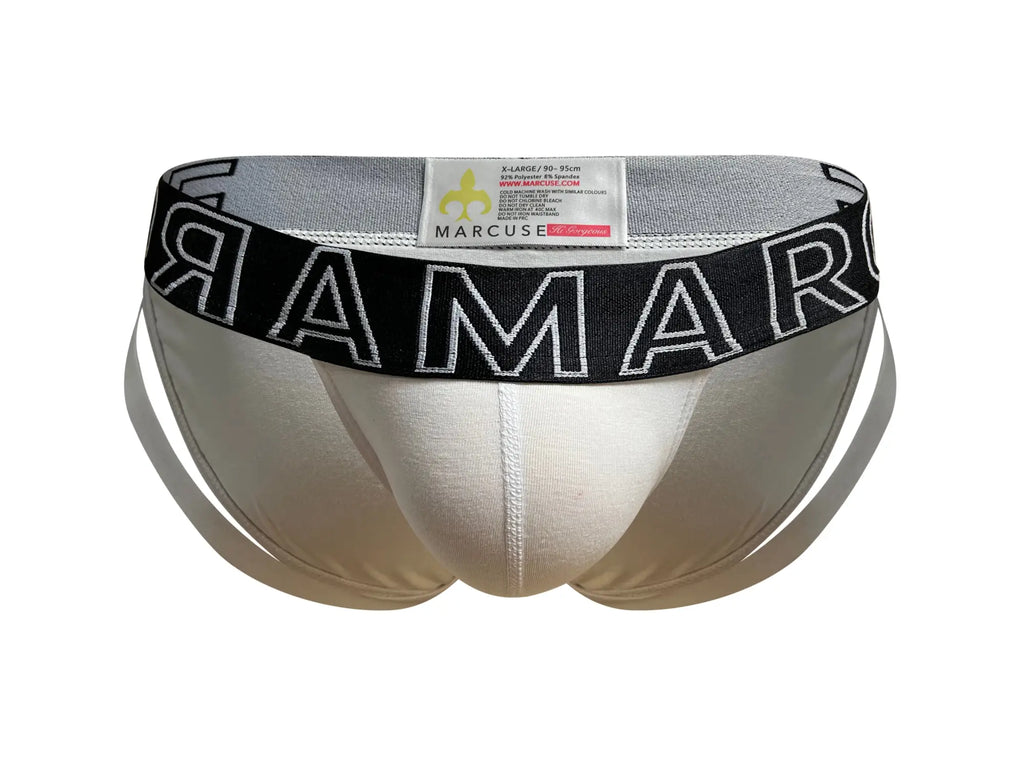 White marcuse spanky brief underwear with black elastic waistband and bold white lettering for comfortable support