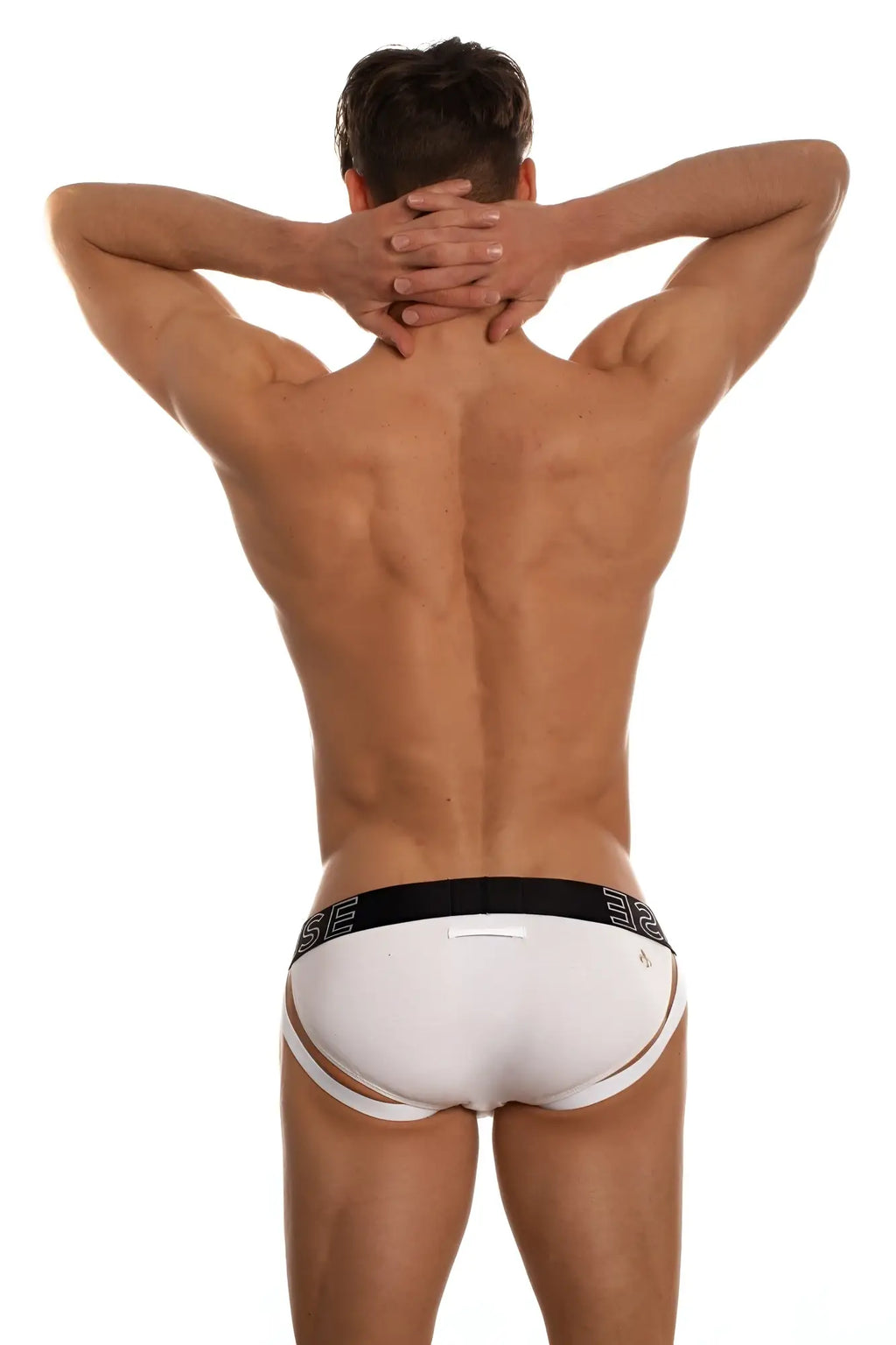 White men’s Marcuse Spanky briefs with black elastic waistband and brand logo for comfortable everyday wear