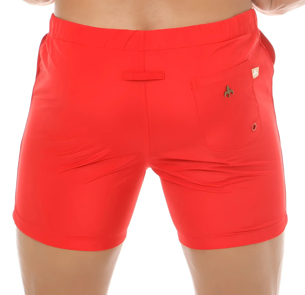 Marcuse Spectrum shorts bright red athletic shorts with snug elastic waistband and side pockets with metallic trims