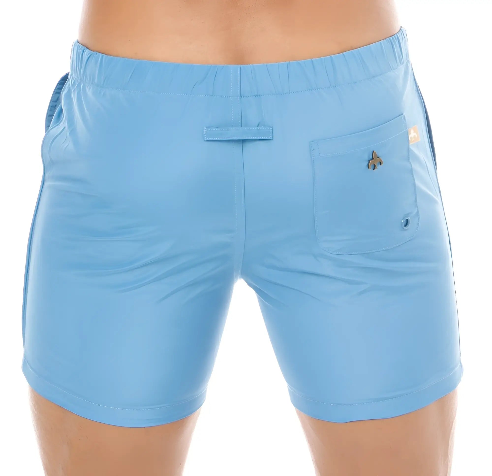 Light blue marcuse spectrum athletic shorts with drawstring waistband side pockets and subtle back pocket branding