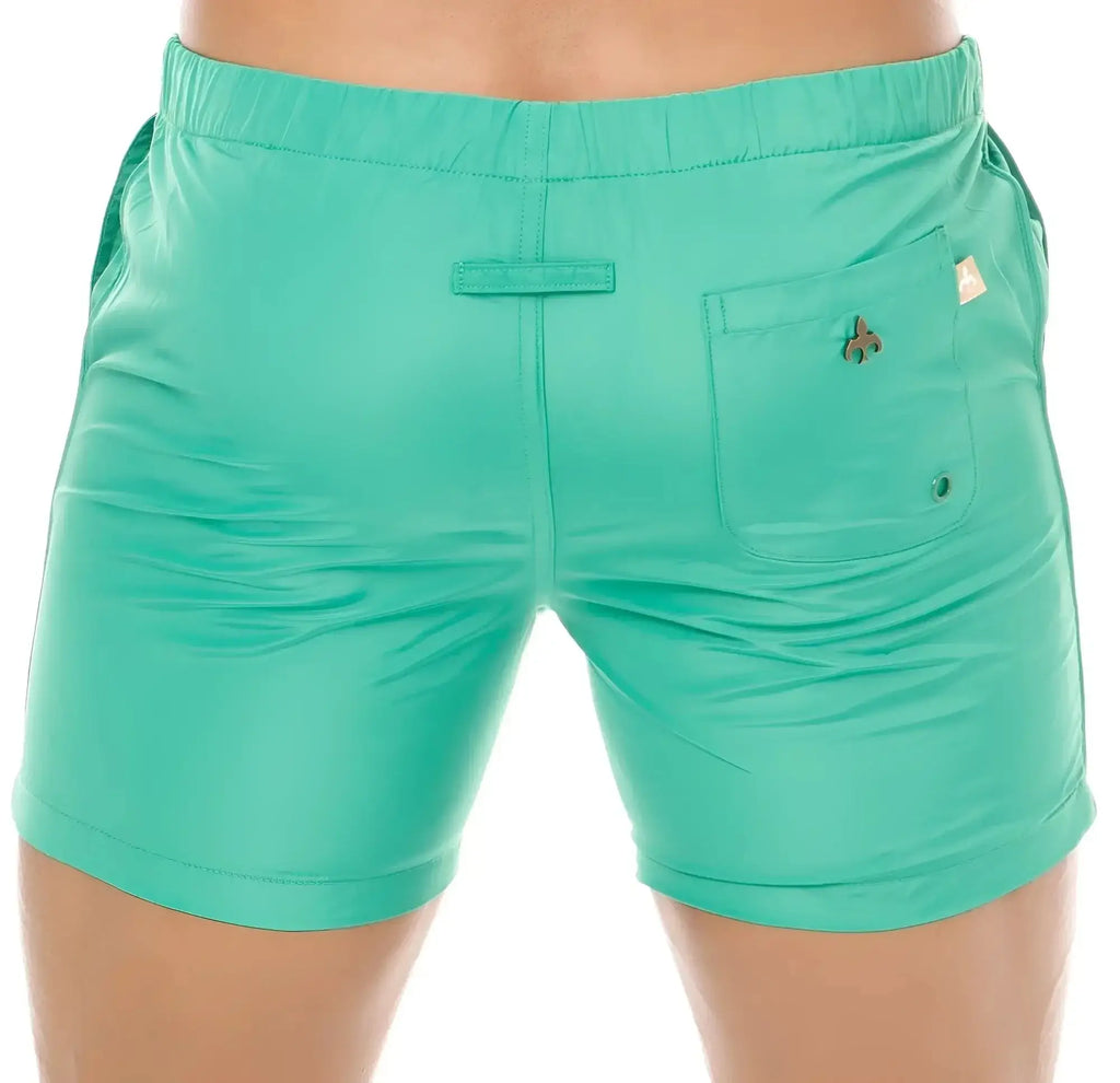 Back view of teal marcuse spectrum shorts with drawstring waistband and small embroidered logo on the back pocket