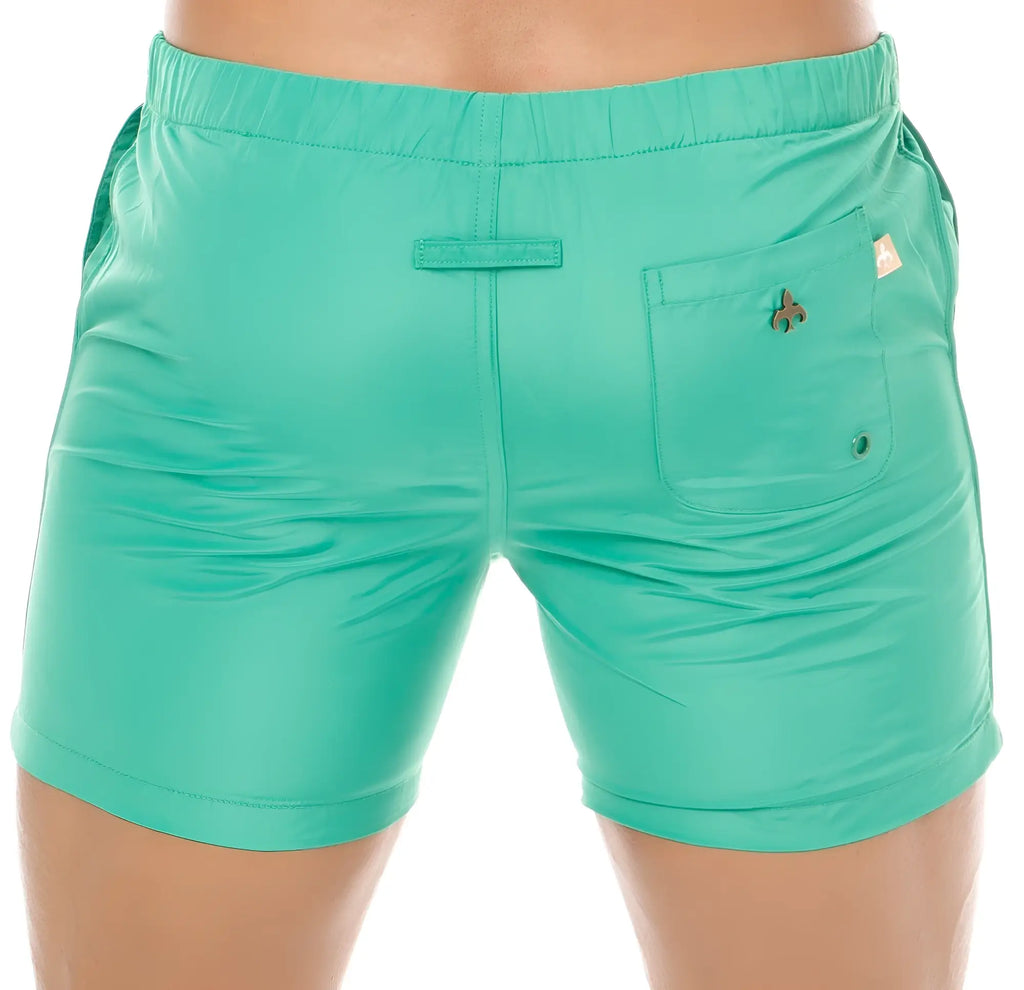 Back view of teal marcuse spectrum shorts with drawstring waistband and small embroidered logo on the back pocket