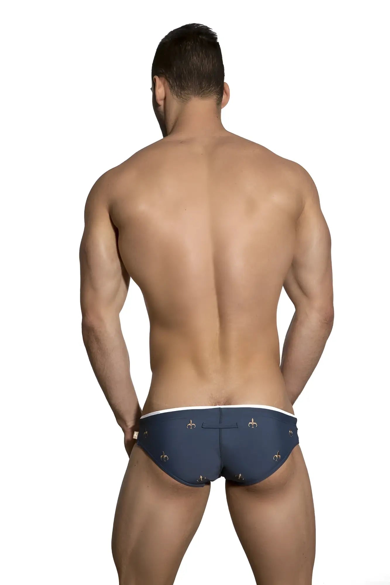 Navy blue marcuse starz bikini swimwear swim trunks with white trim and gold fleur-de-lis pattern for beachwear