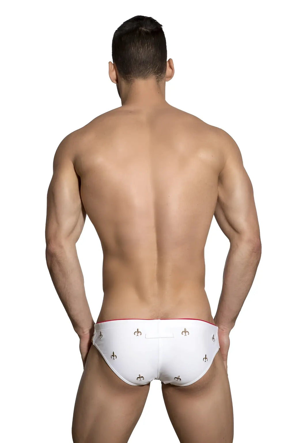 Marcuse starz bikini swimwear white briefs with subtle black logo pattern and red trim on waistband for swim use